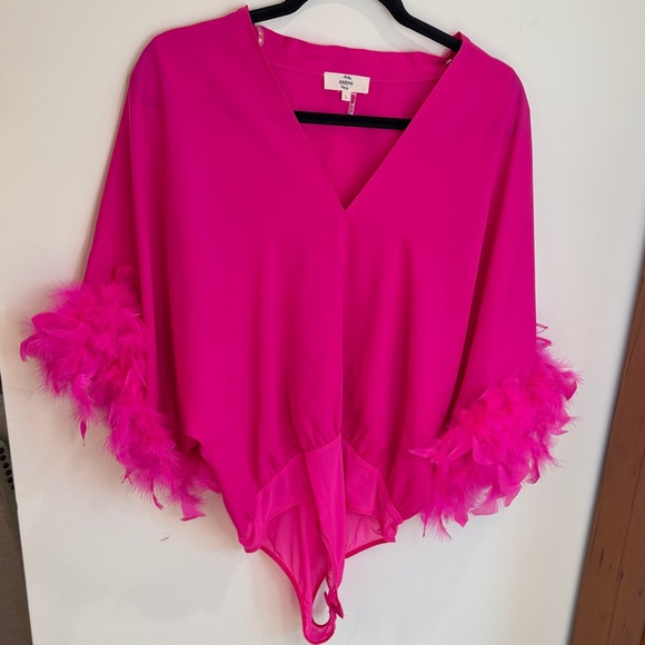 entro Tops - Entro Hot Pink Feather Sleeve Bodysuit